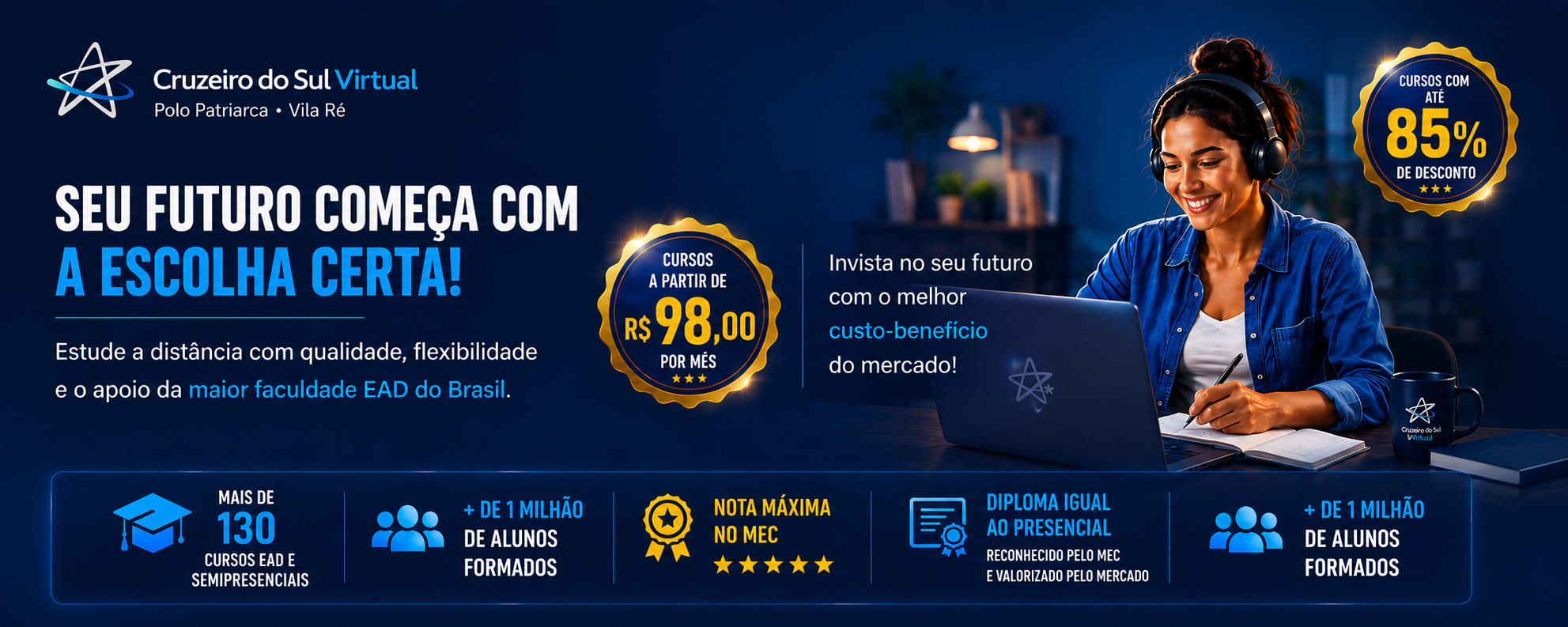 Faculdade EAD e semipresencial no Patriarca e Vila Ré da Cruzeiro do Sul Virtual na Zona Leste de São Paulo